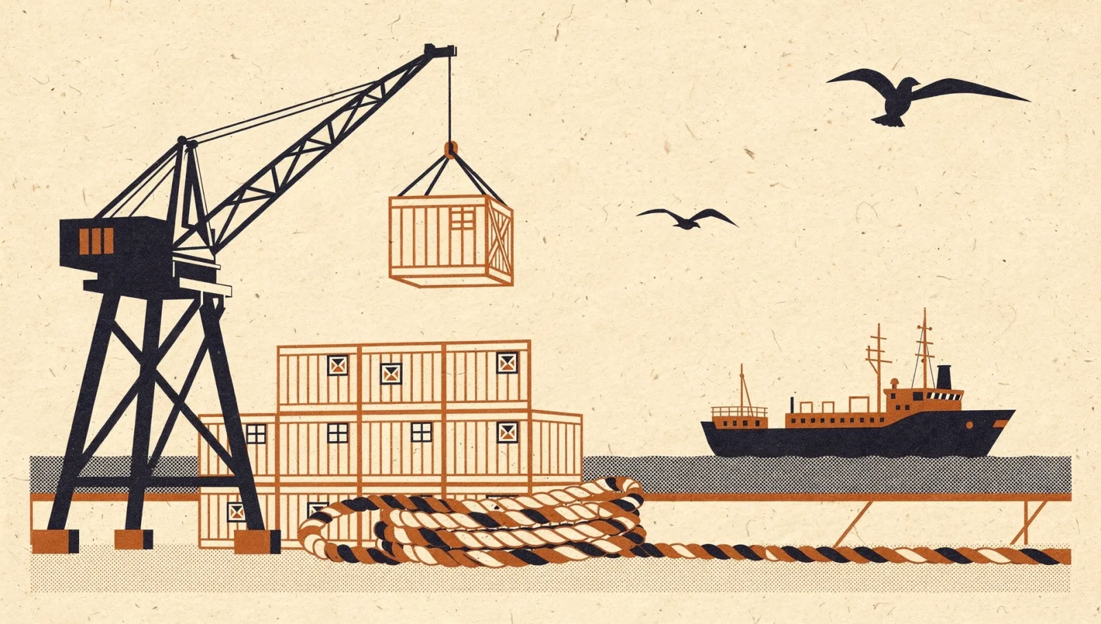 Illustration of a harbor crane lowering a wooden crate onto stacked crates on a dock, cargo ship waiting