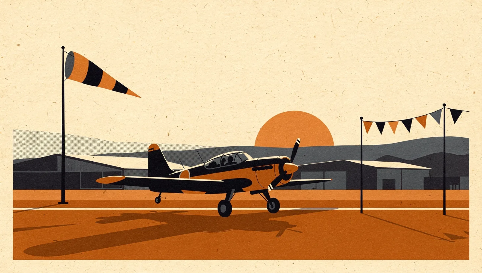 Illustration of a small vintage prop plane on a runway at dawn, wind sock and pennant flags, sun rising behind hangars