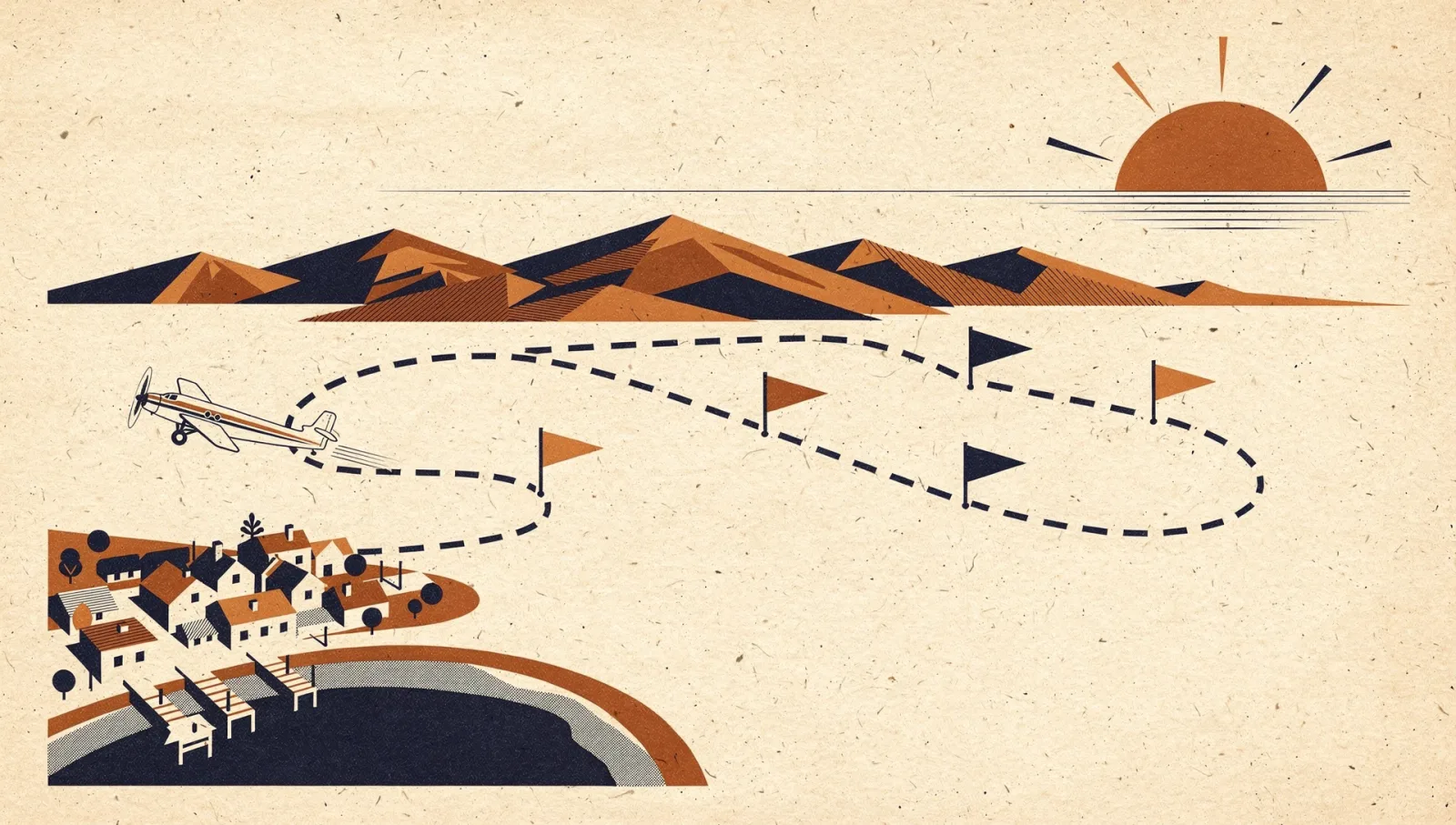 Illustration of a vintage plane pulling a dashed route line from a harbor town across mountains toward a rising sun, pennant flags marking waypoints