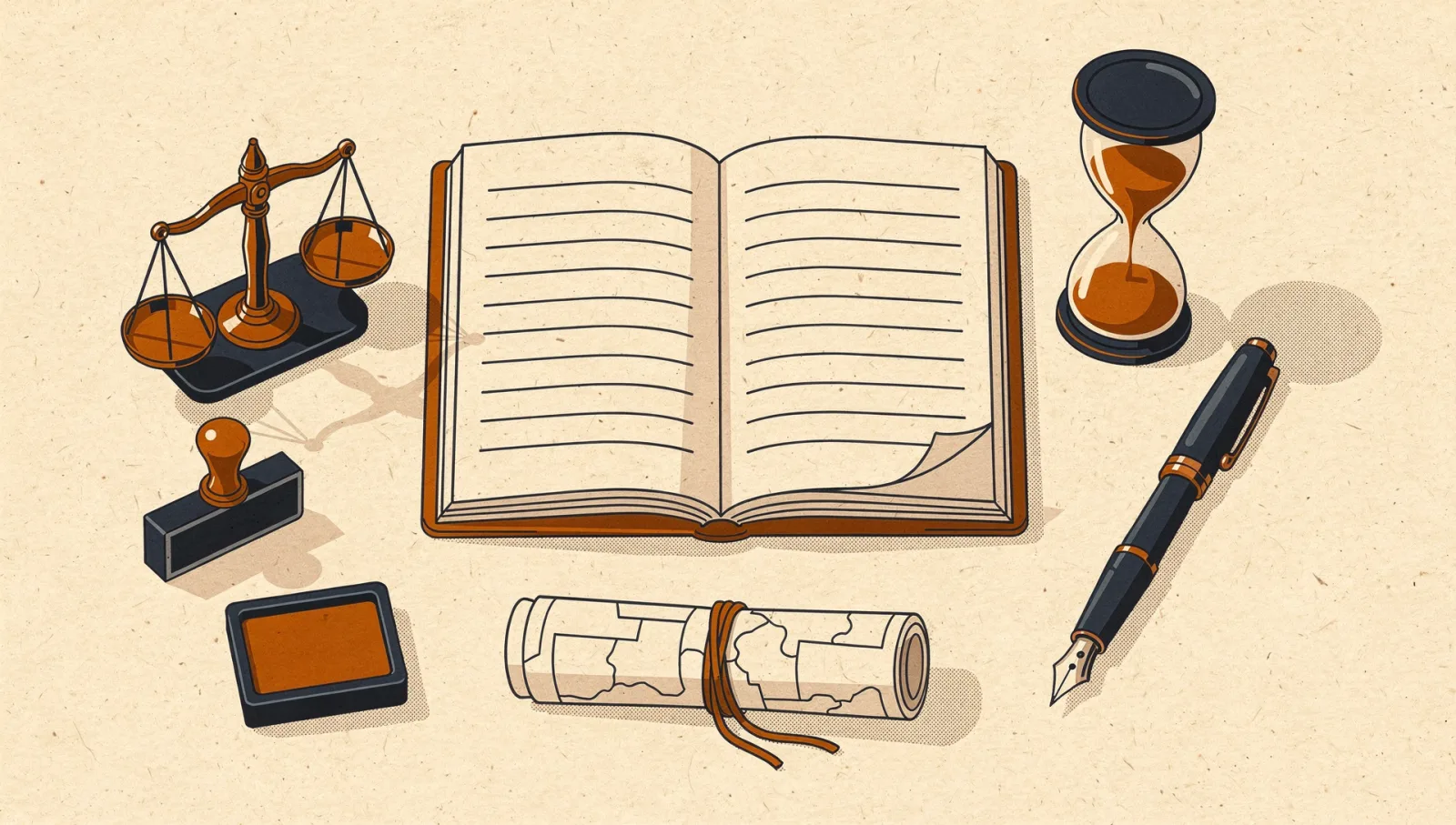 Illustration of an open ledger book with a brass balance scale, hourglass, stamp and ink pad on a desk